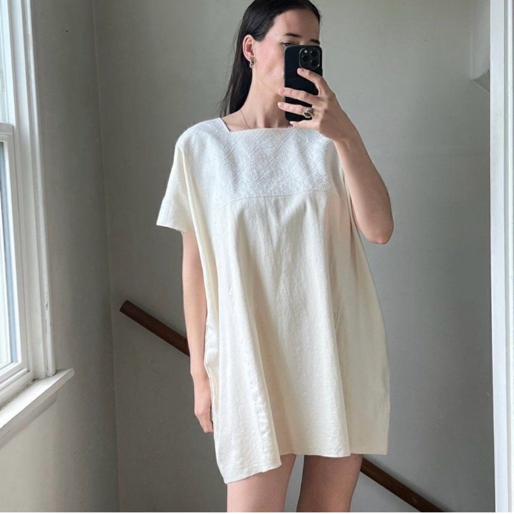Vintage Ivory Kaftan Mini Dress Box Embroidered White Cream Cotton One Size